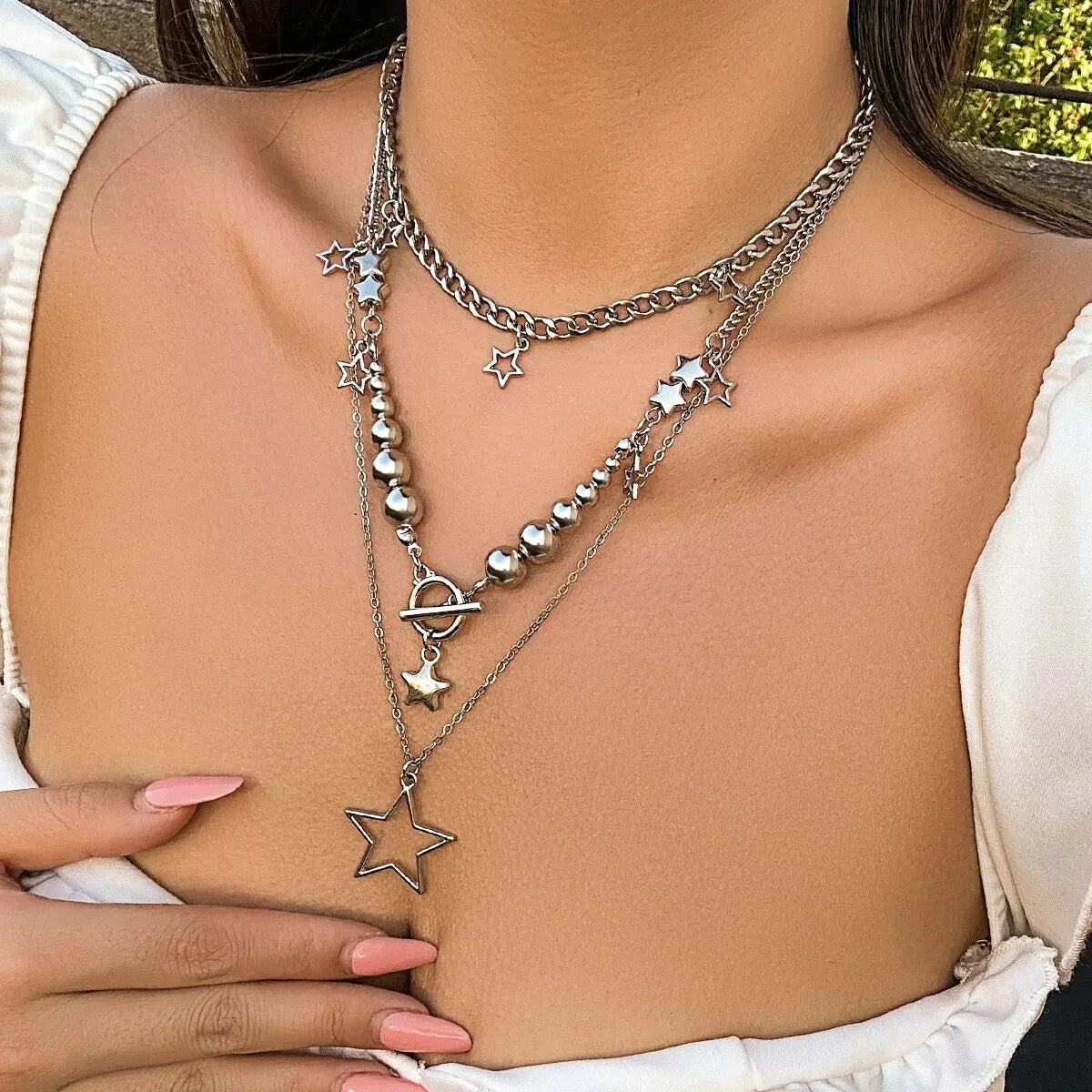 Vintage Silver Color Star OT Buckle Pendant Choker Necklace for Women