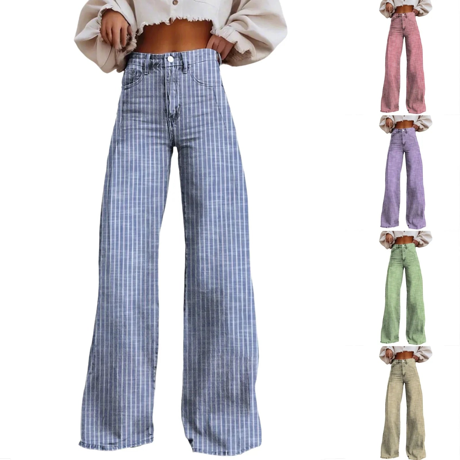 Women Bootcut Jeans Fashion Trendy Color Striped Wide Leg Straight Leg Mopping Pants Casual Street Style All-Match Denim Pants