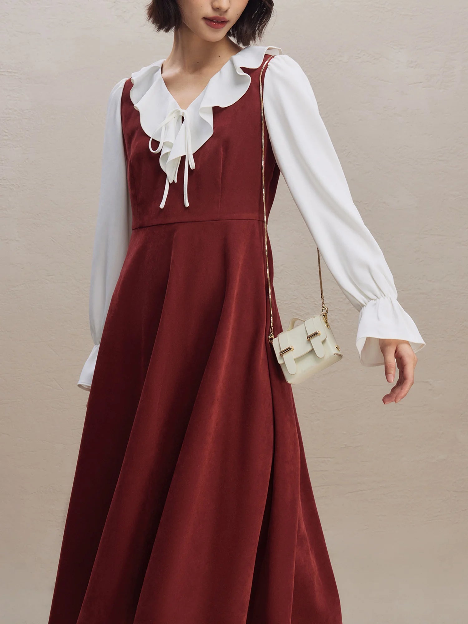 ZIQIAO French Retro Style Red Dress For Women 2023 Autumn Winter New Design Slim Corduroy Mid-length Casual Dress 23ZQ94453