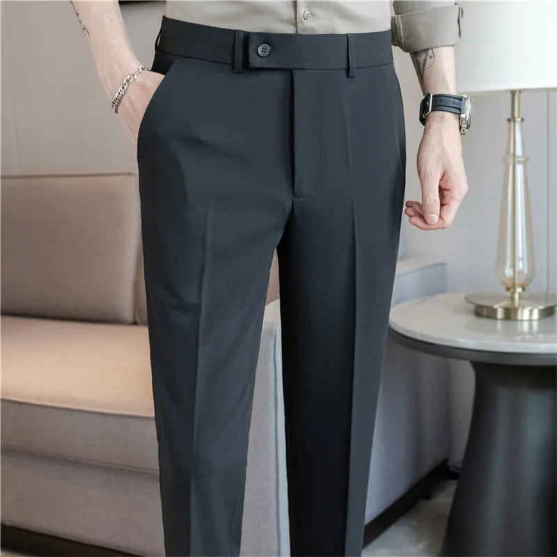 New Summer Men’s Suit Pants Solid Color Korean Slim Smart Casual Ankle-Length Pants Men Wedding Dress Office Suit Trousers Man