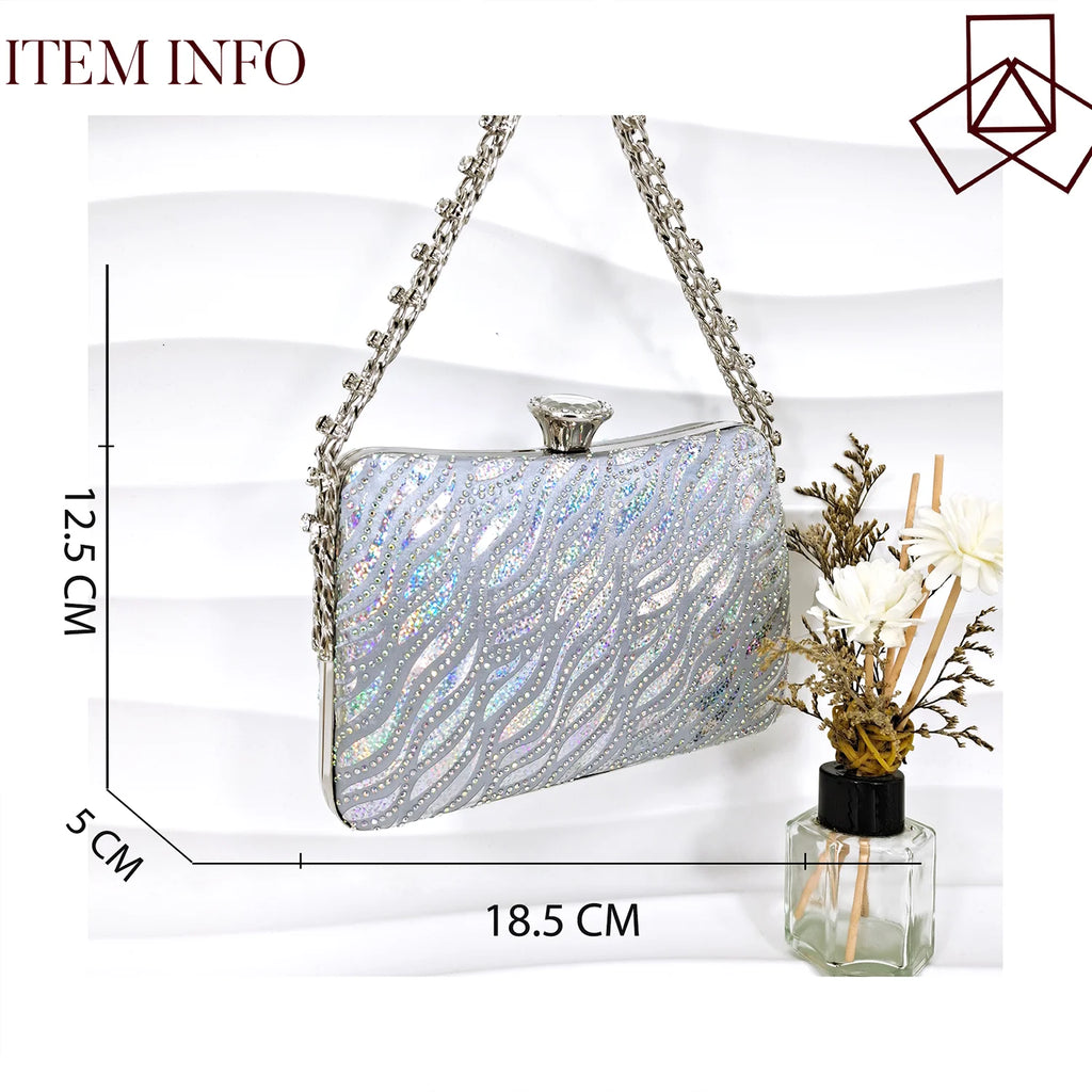 Ladies Heel and Bag Set Full Diamond Fashion Silver Color Pumps