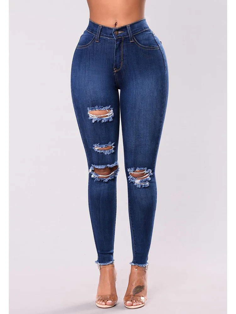 2024 Women Stretch Skinny Ripped Jeans Lady High Waist Pencil Long Pants Narrow Straight Leg Wrap Hips Plus Size S-3XL Trousers