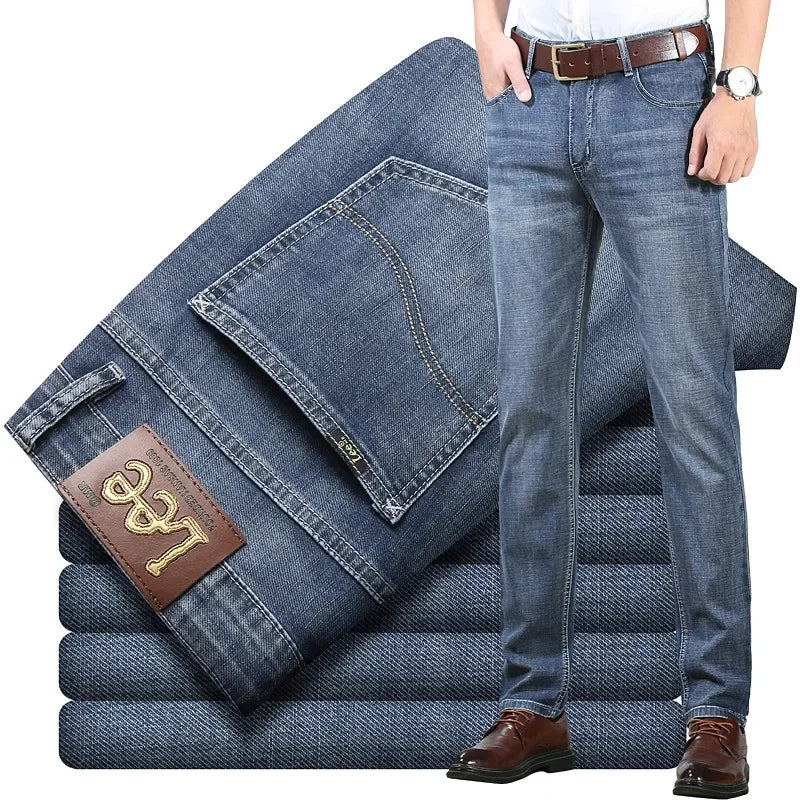 Lee Dex Cross-Border Trade Men's Straight-Leg Slim Fit Jeans Spring Summer Thin Light Grey Stretch Business Youth Casual Denim