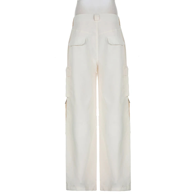 Streetwear Basic Buckle Cargo Pants Women Solid Straight Leg Big Pockets