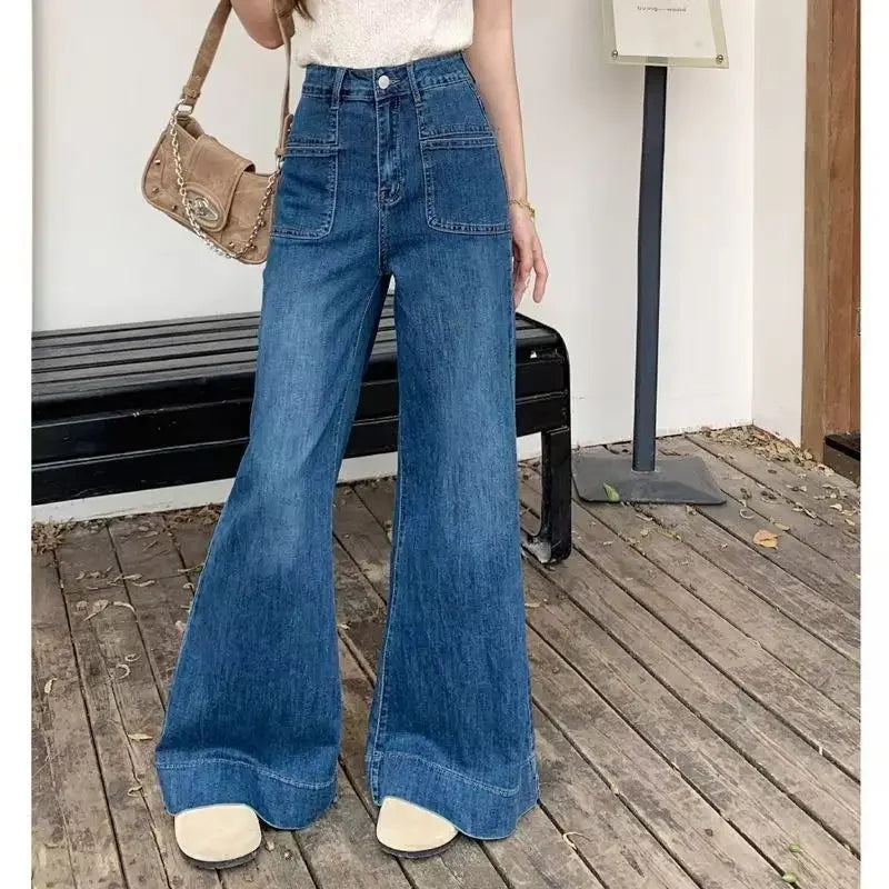 Autumn Spring Wide Leg Jeans Women Denim Pants Vintage Denim Trousers Fashion Female Bllue Straight Jeans Casual Wide Leg Pants