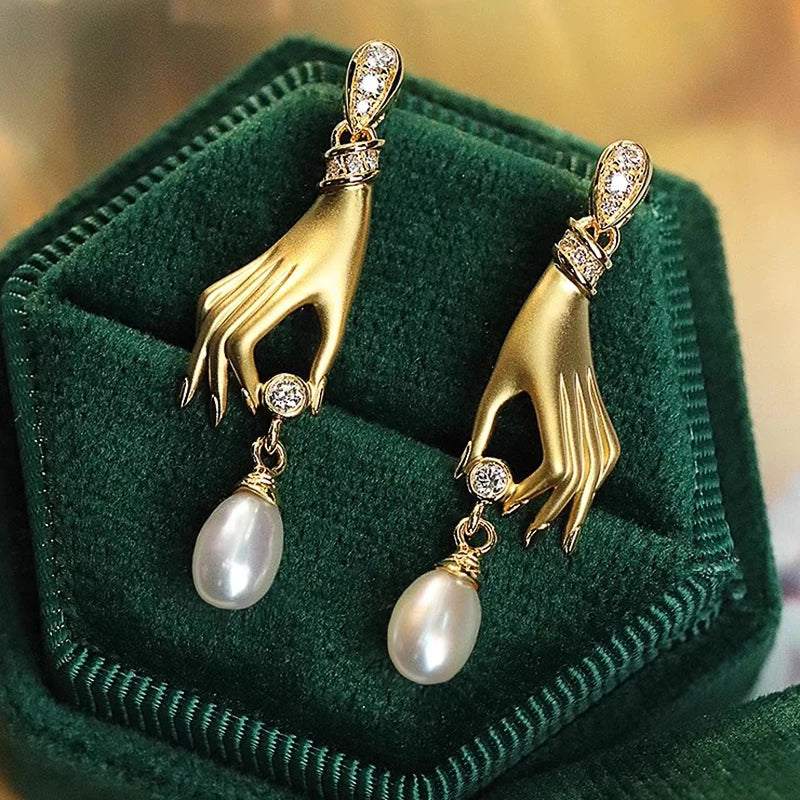 Novel Design Hand with Imitation Pearl Dangle Earrings for Women