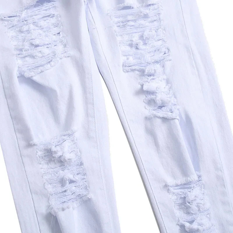 Men's White Jeans Fashion Hip Hop Ripped Skinny Men Denim Trousers