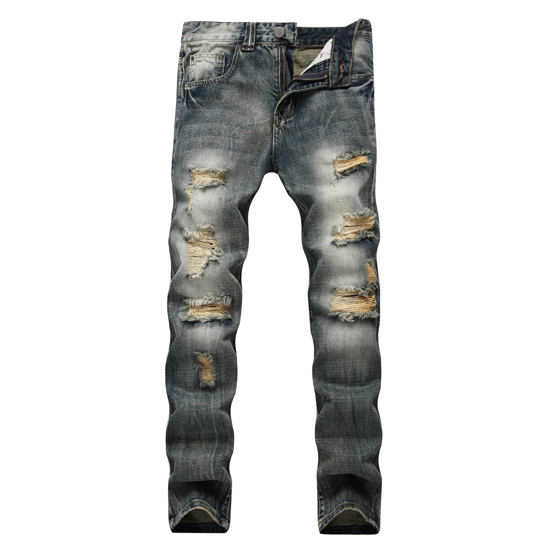 Cross-Border Men's Wear Ripped Straight-Leg Slim Fit Smooths Your Silhouette No Stretch Jeans Light-Colored Denim Trousers Amazo