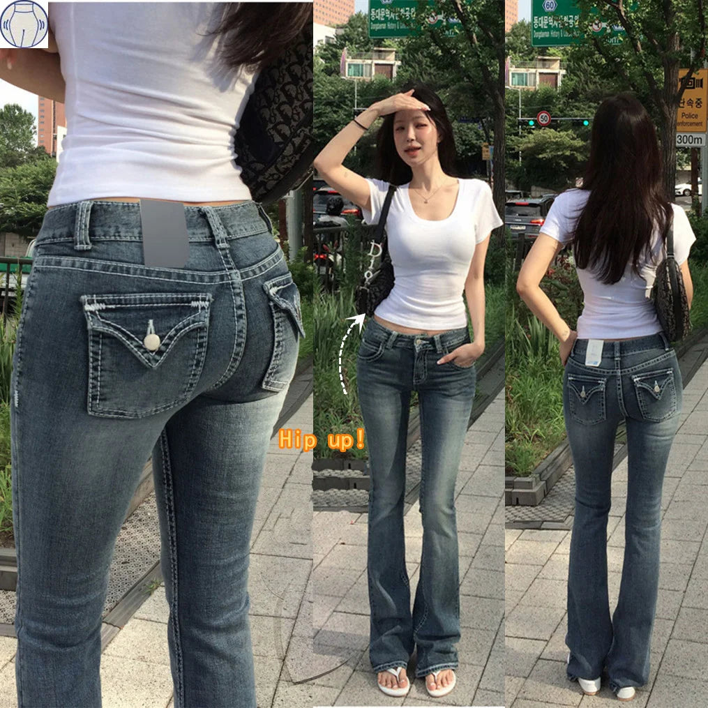 Gothic Buddha Head Womens Jeans Y2K Clothes Hip Hop Pocket Embroidery Vintage Blue Baggy Jeans Low Waist Wide Leg Trousers