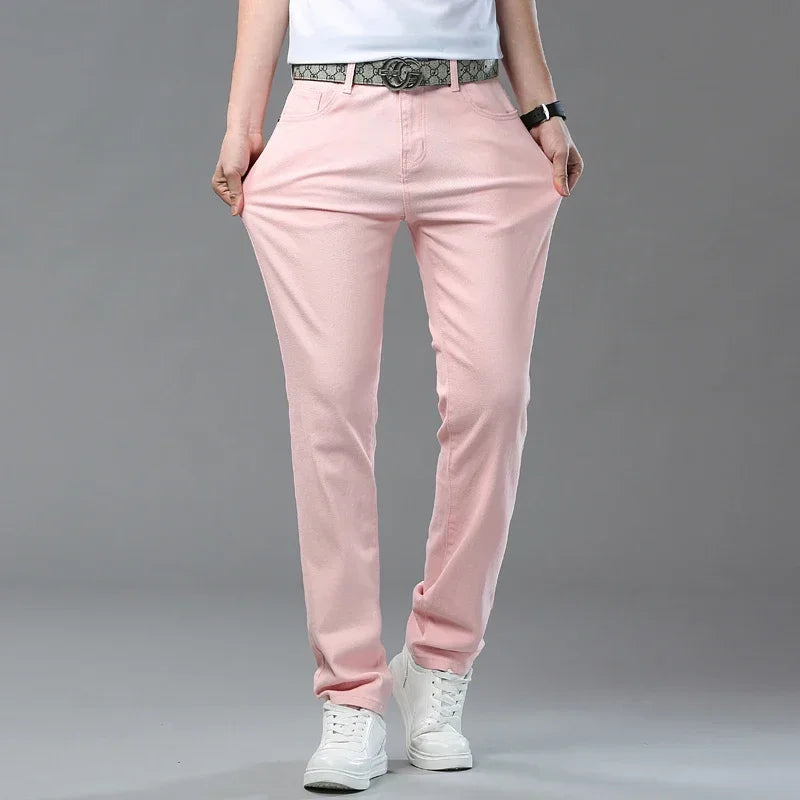 Men's Slim Fit Pants Casual Colorful 2025 Spring New Straight Trousers Men Cotton Stretch Fashion Pants Red Yellow Pink Blue