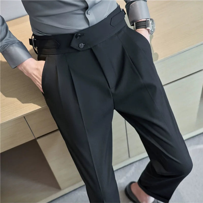 Men High Waist Casual Dress Pant Men Belt Design Slim Trousers