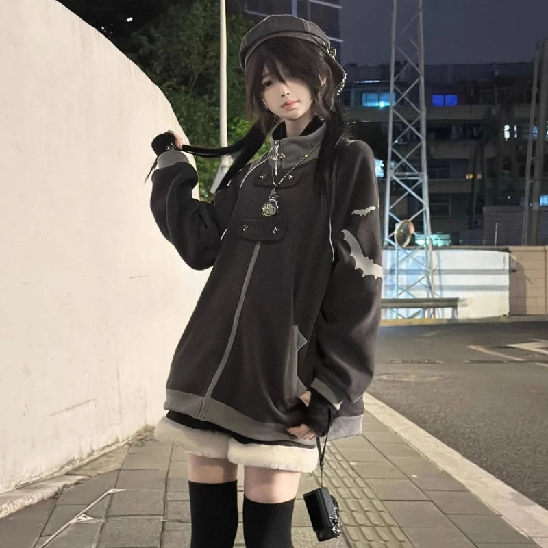 2000s Subculture Stand Neck Zip Up Hoodie Print Bat Loose Outwear Ropa Mujer Casual Fashion Korean Coats Harajuku Y2k Sweatshirt