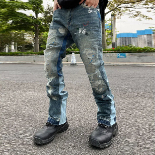 High Street Retro Ink Splash Patchwork Ripped Jeans Flare Pants Men