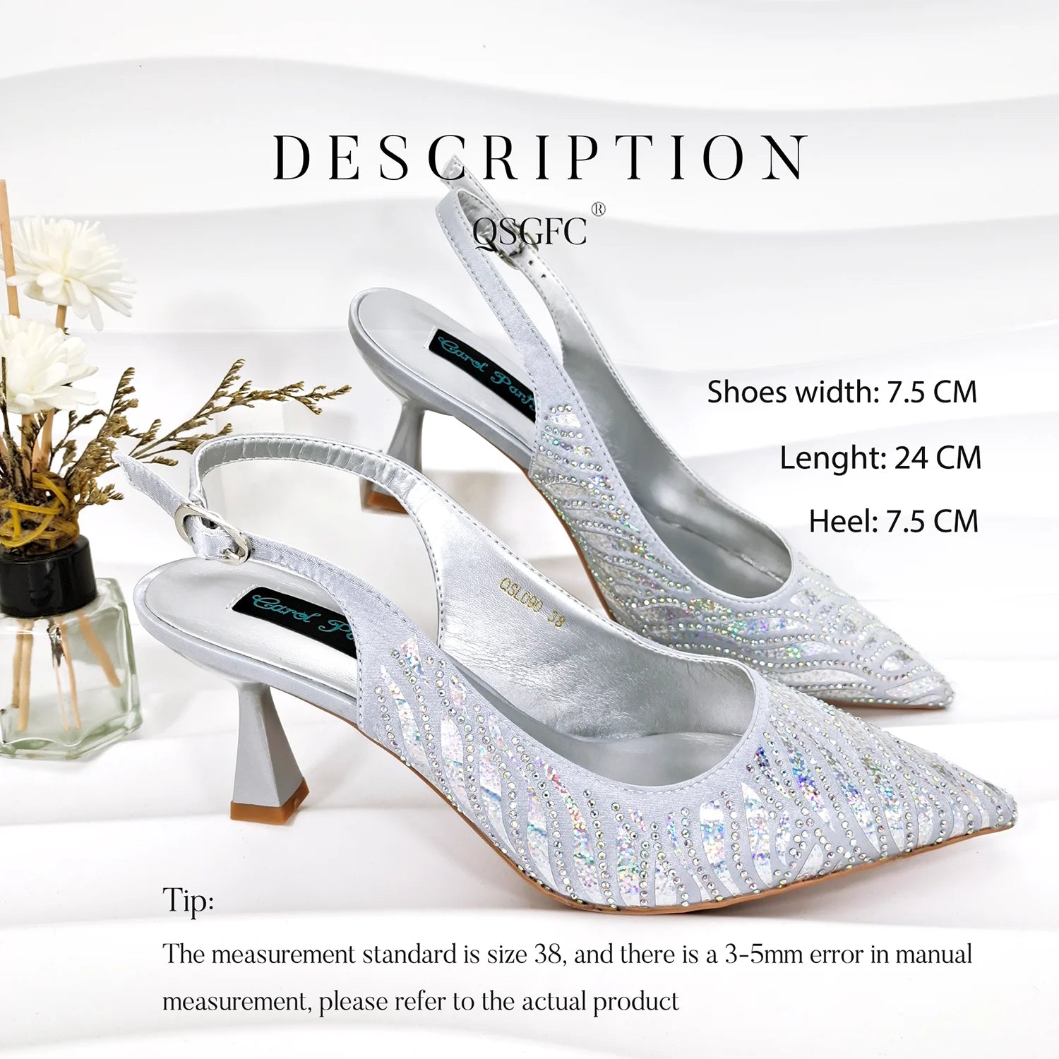 Ladies Heel and Bag Set Full Diamond Fashion Silver Color Pumps