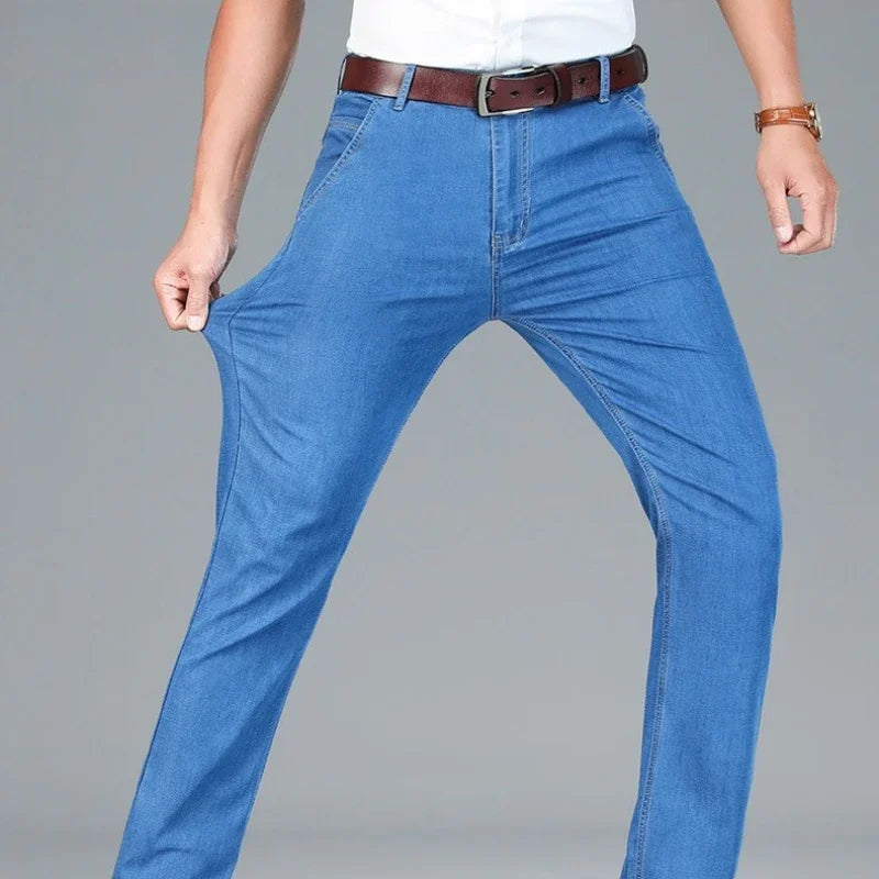 Men's Ice Silk Jeans Summer New Lyocell Thin Business Casual Denim Pants Classic All Match Slim Fit Straight Elastic Jean Male