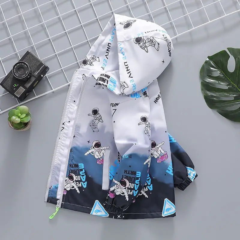 2023 Spring Autumn Boys Coats Printed Cartoon Astronaut Hooded Zipper Jackets For Kids 2-10 Years Children Windbreaker Outerwear