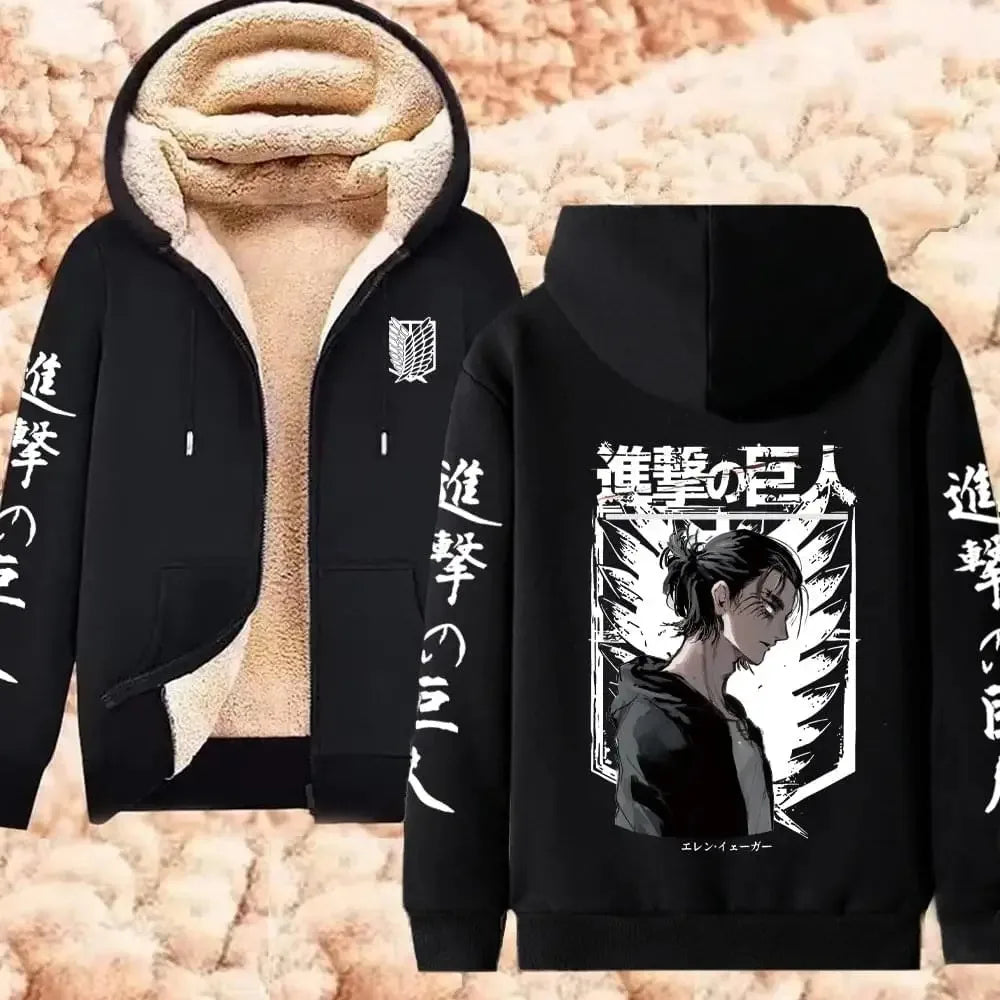 Attack on Titan Winter Warm Zipper Jacket Anime Print Hoodies Men Women Thicken Zip Up Sweatshirts Harajuku Hip Hop Streetwear