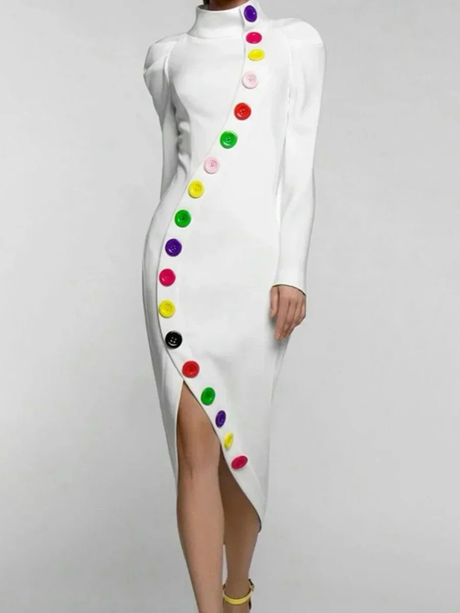 X-shape High-Neck Party Dress Colorful Buttoned Long Sleeves Dresses