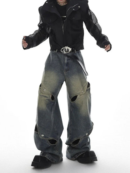Wide Leg Jeans Pants Men Streetwear Baggy Distressed Denim Trousers