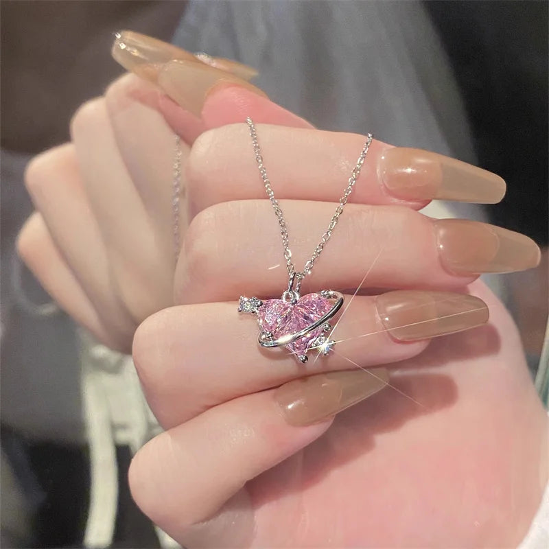 Y2K Pink Planet Heart Zircon Pendant Necklaces For Women