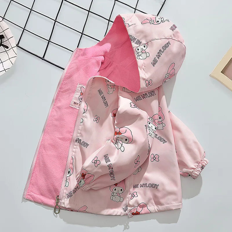 2025 Spring Autumn Kids Girls Hooded Coats Teen Sanrio My Melody Double Sided Wear Velvet Windbreaker Jackets Children Outerwear