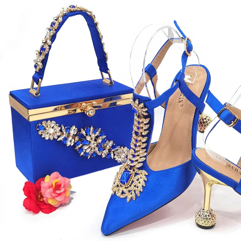 Pointed Toe Wedding Shoes And Bag, Full Diamond Decoration Metal Closure Bag