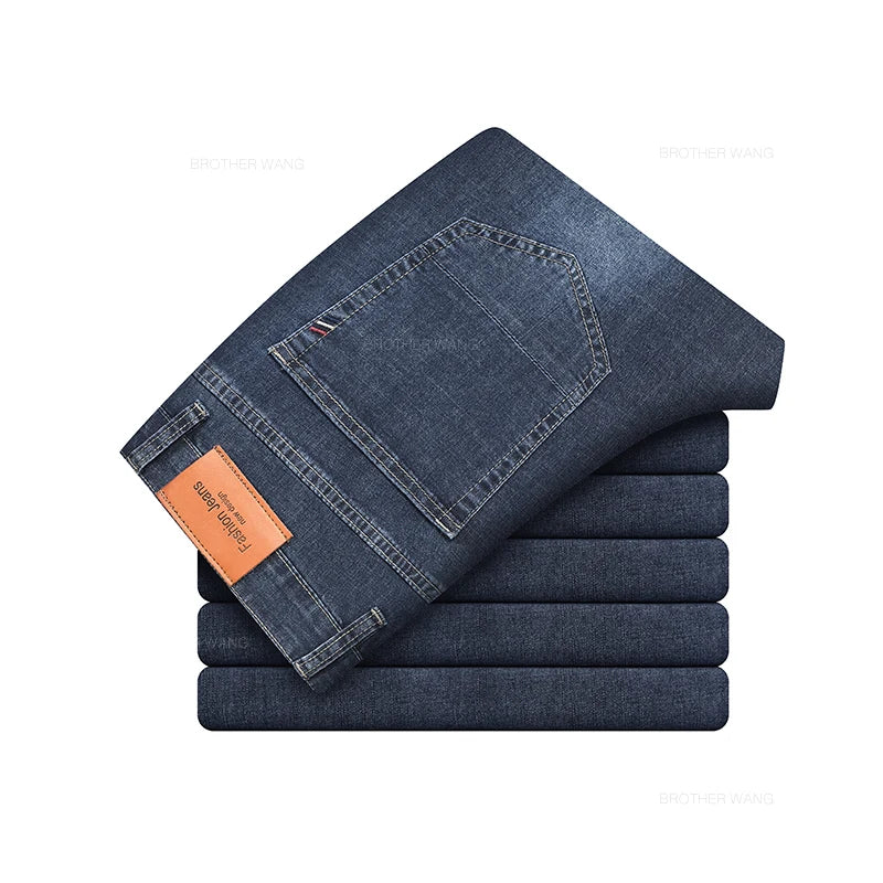 2024 Summer Thin Men's Elastic Cotton Jeans Fashion Gray Comfortable Business Straight Casual Pants High Quality Brand Trousers