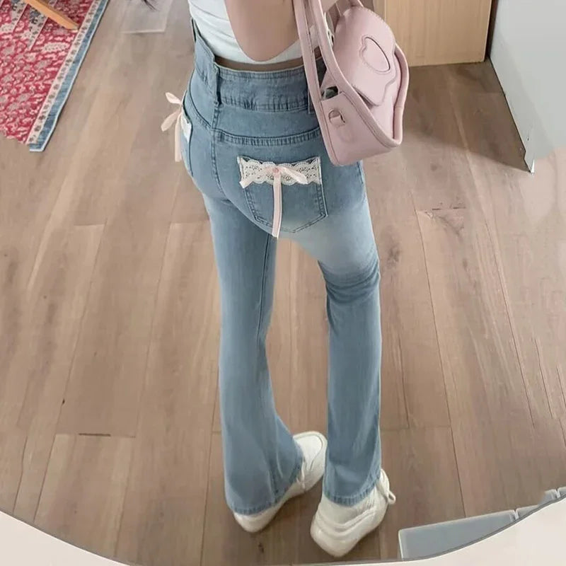 New Girls Sweet Lace Bowknots Decoration Blue Flare Jeans Lady Korean Stretch Bell Bottom Pants Female High Waist Denim Trousers