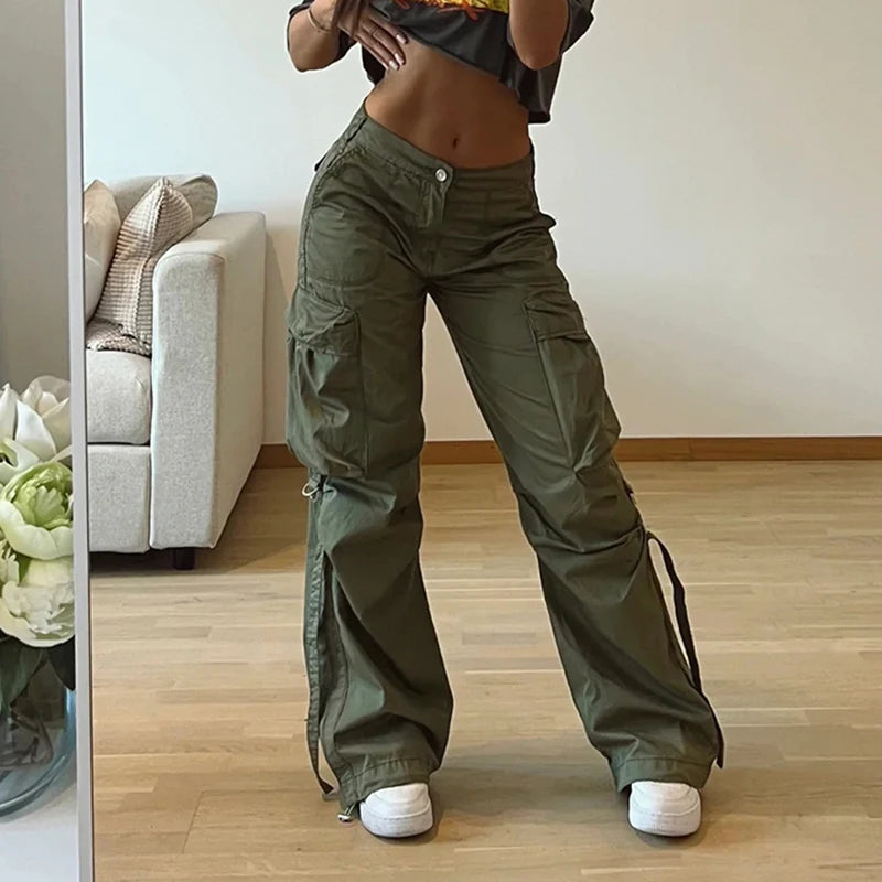 Streetwear Basic Buckle Cargo Pants Women Solid Straight Leg Big Pockets