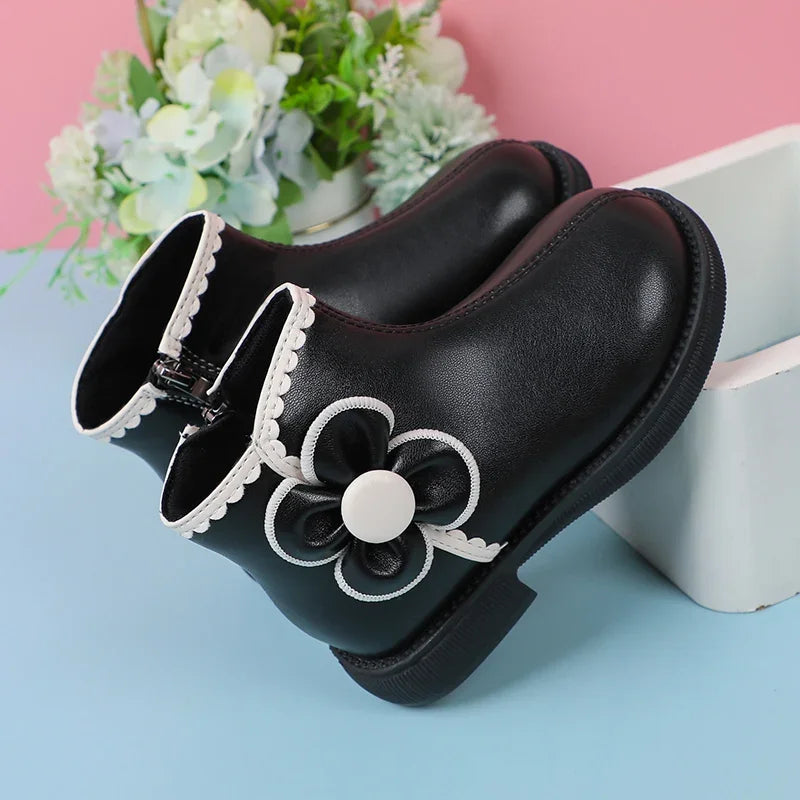 2023 Girls Short Boots Fashion Kids Versatile Soft Black Side Zipper Spring Autumn New Children Leather Boots Drop Shipping PU
