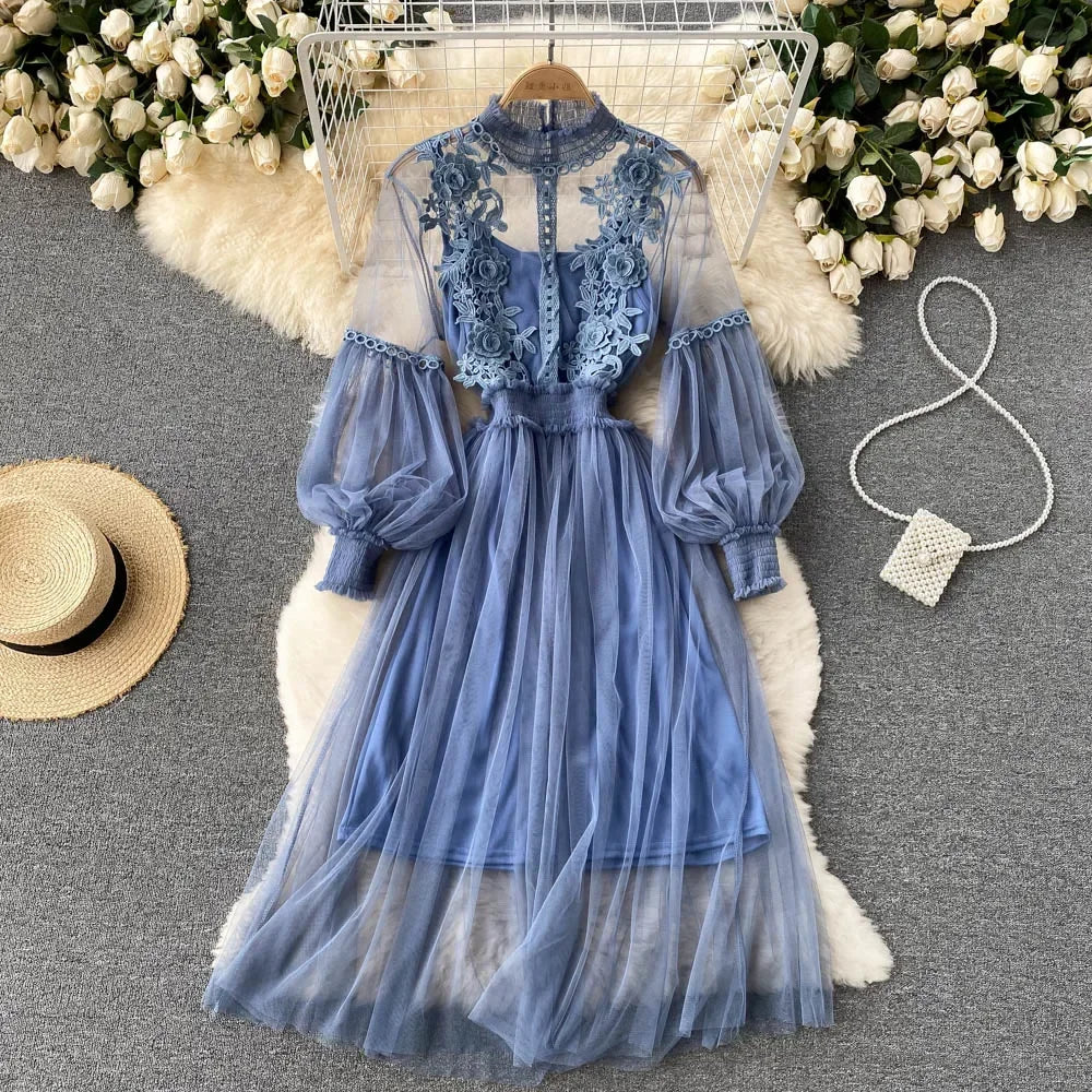 Three-dimensional Flower High Waist Slim Female Dresses