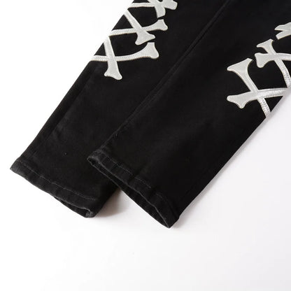 Classical White Bones Patchwork High Street Slim Fit Ripped Jeans