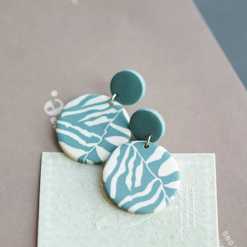 Floral Leaf Zebra Pattern Dangle Pendant Clay Earrings