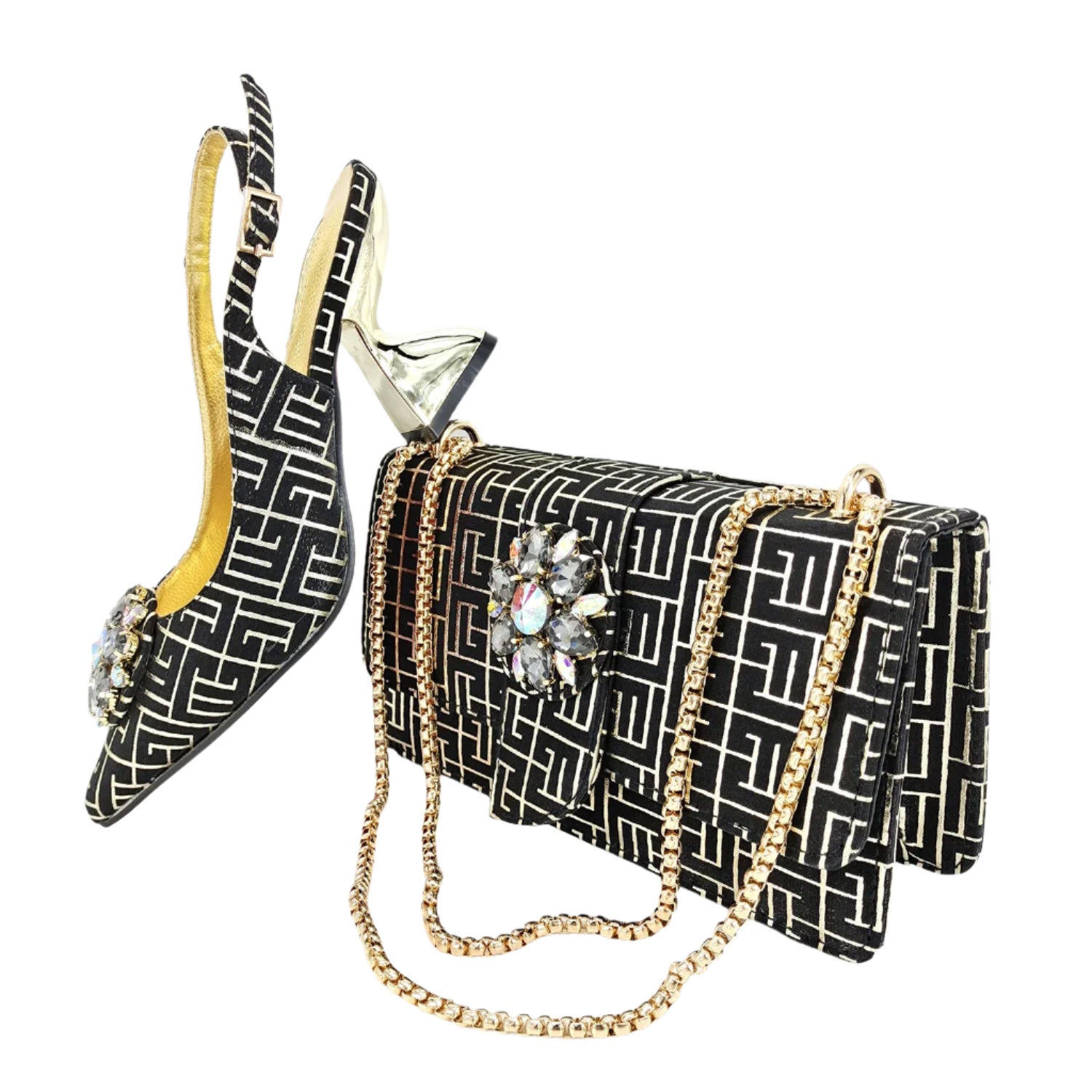 Embossed Style Big Diamond Decoration Classic Black Color Shoes and Bag Set