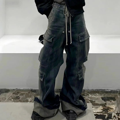 RO Style Gradient Ribbons Multi-pockets Drawstring Jeans for Men