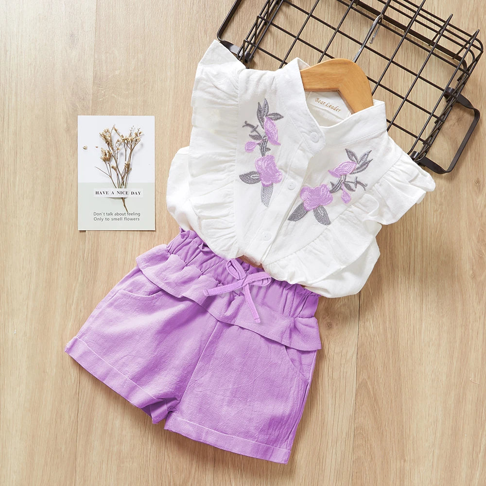 Casual Girl's Embroidered Sleeveless Shirt+Shorts