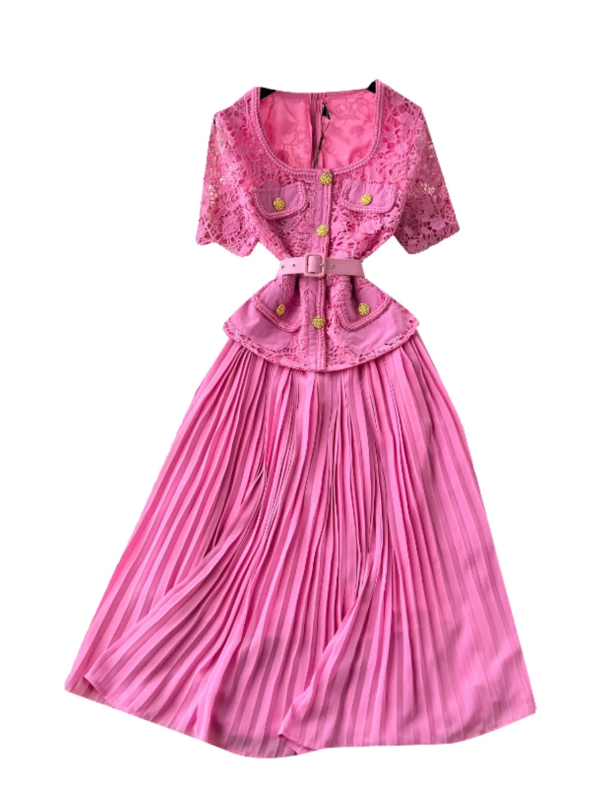 Designer Summer Pleated Chiffon Lace Long Dress