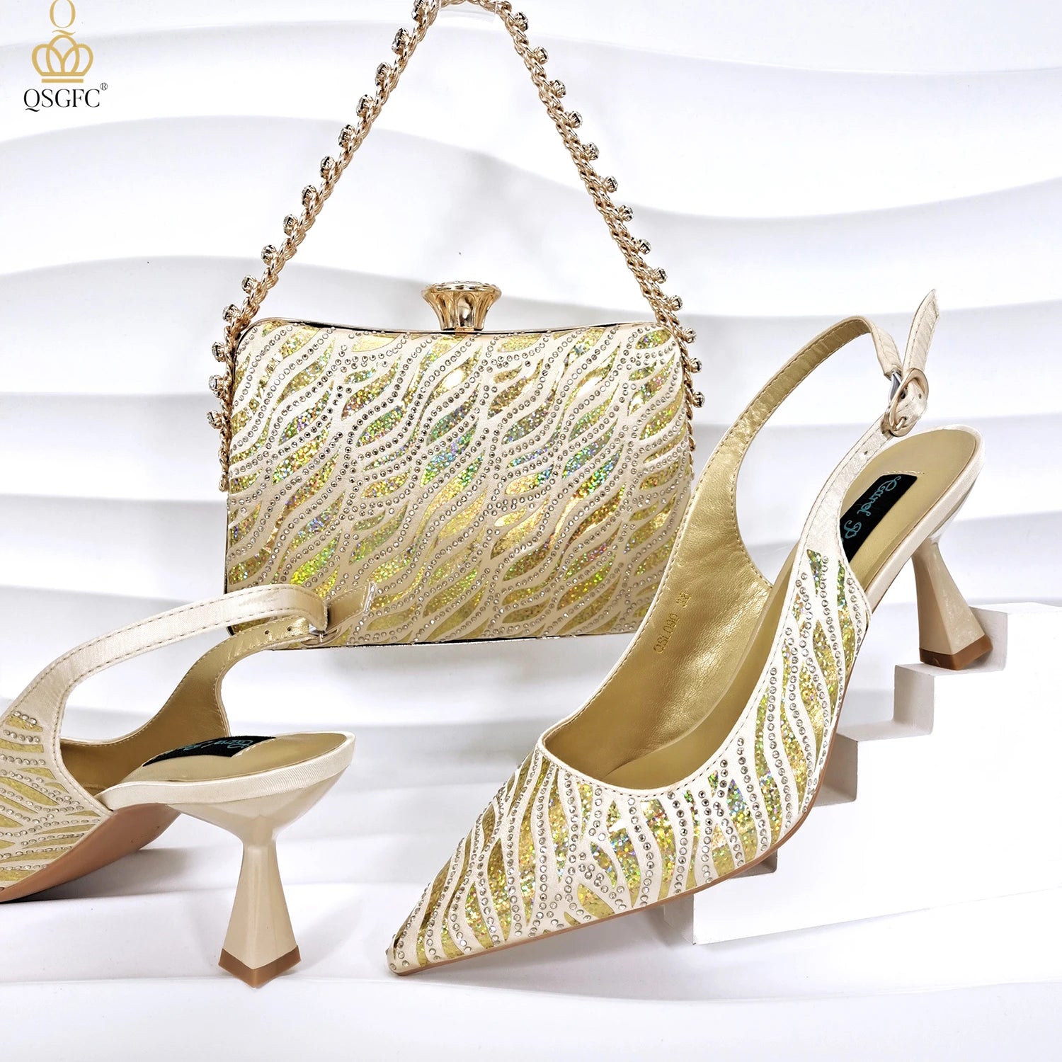 Ladies Heel and Bag Set Full Diamond Fashion Silver Color Pumps