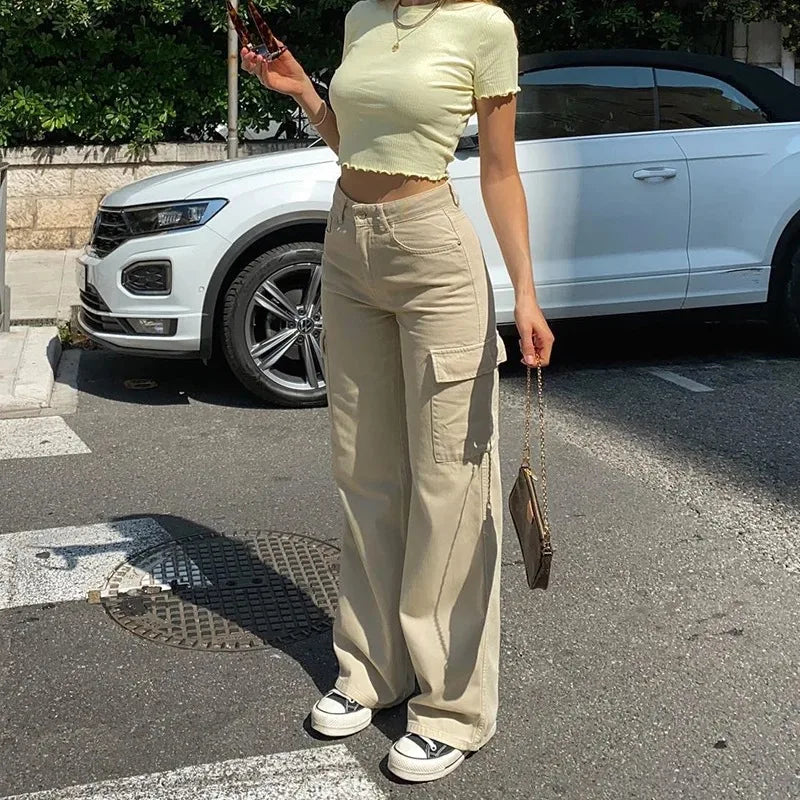2024 New Women's Fashionable Straight Leg Jeans Casual High Waisted Street Pocket Loose Pants White Apricot Cotton Women's Jeans