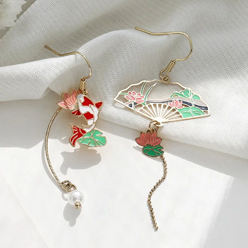 Folding Fan Crane Dangle Earrings For Women