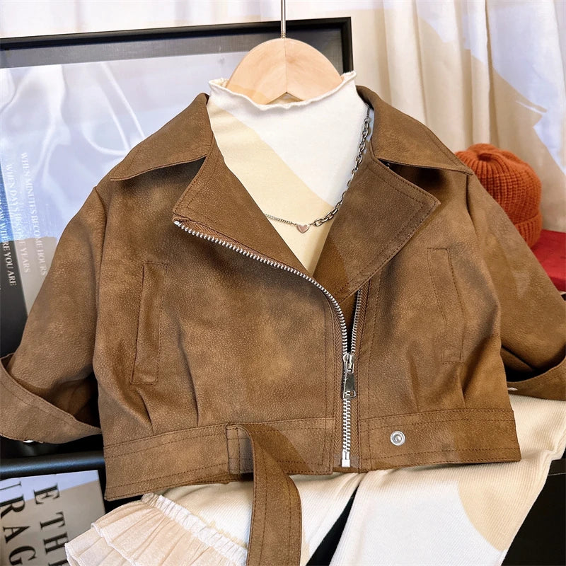 Boys Girls Brown Leather Jacket