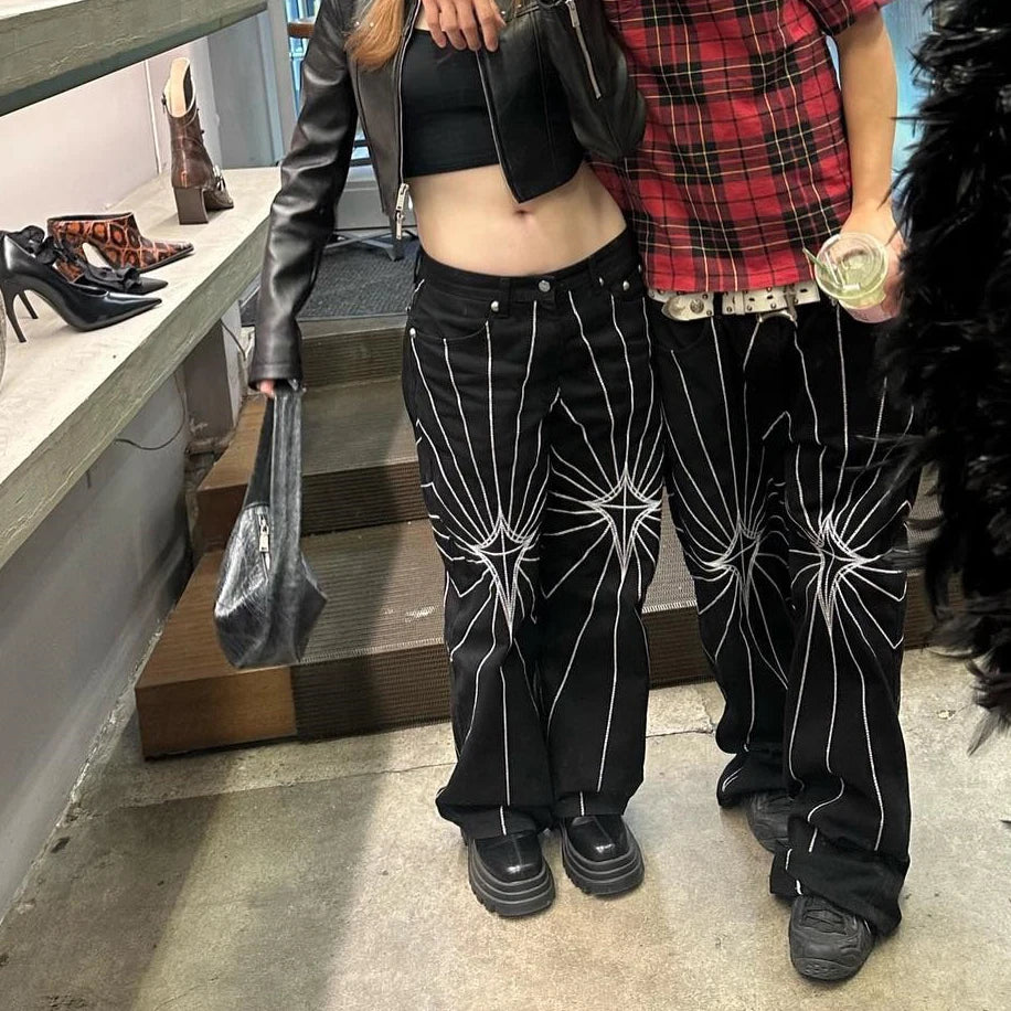 Black Jeans for Men and Straight Rope Hombre Baggy Denim Trousers