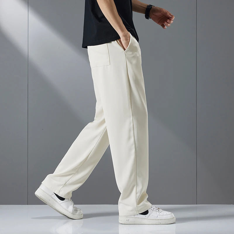 Size M-5XL Loose Straight Mens Casual Pants Fashion Streetwear Korean Cool Ice Silk Trousers Quick-dry Jogging Man Sweatpants