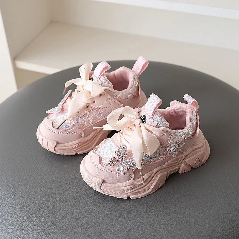 1-6Y New Girls' Sports Shoes Anti Slip Soft Sole Sequin Shinny Butterfly Cute Tennis Running Shoes Princess Shoes for Baby Girls