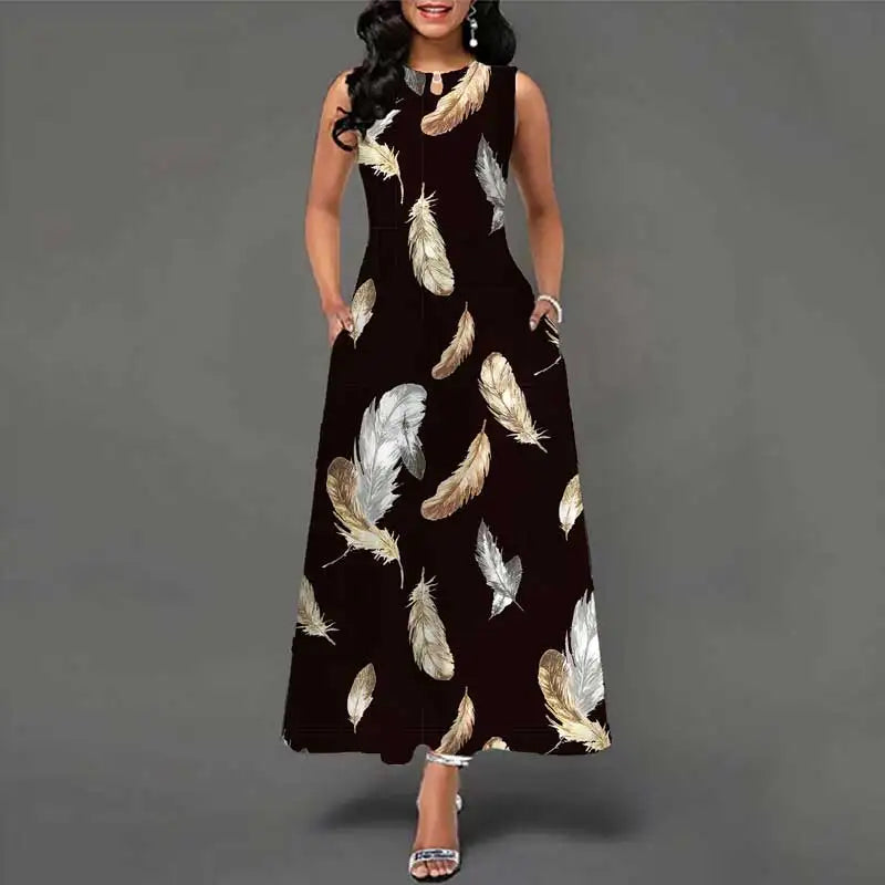Sleeveless Long Dress Women Flower Print Large Swing Skirt