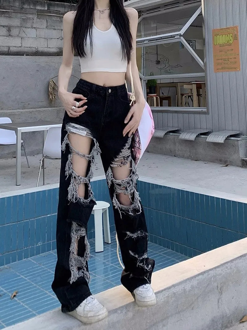New Y2k Washed Mopping Pants Broken Hole Jeans All-Match Distressed Women High Street Hip Hop High Waist Straight Loose Trousers