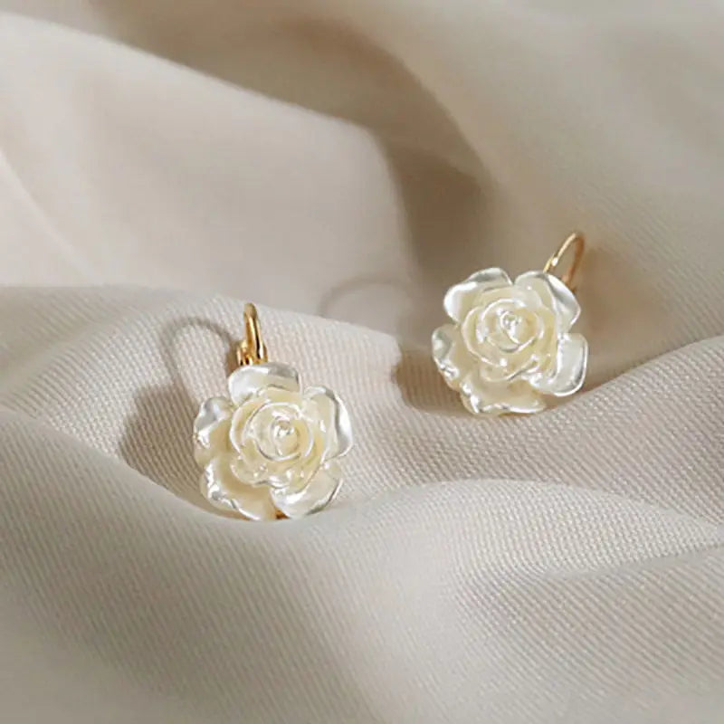 White Camellia Flower Dangle Earrings For Women