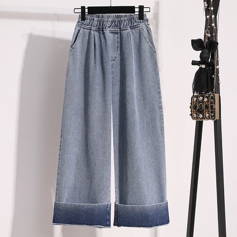 Plus Size Jeans For Women 2025 Autumn New Arrival Large Size Loose Wide Leg Blue Denim Pants Women High Waist Women's Trousers