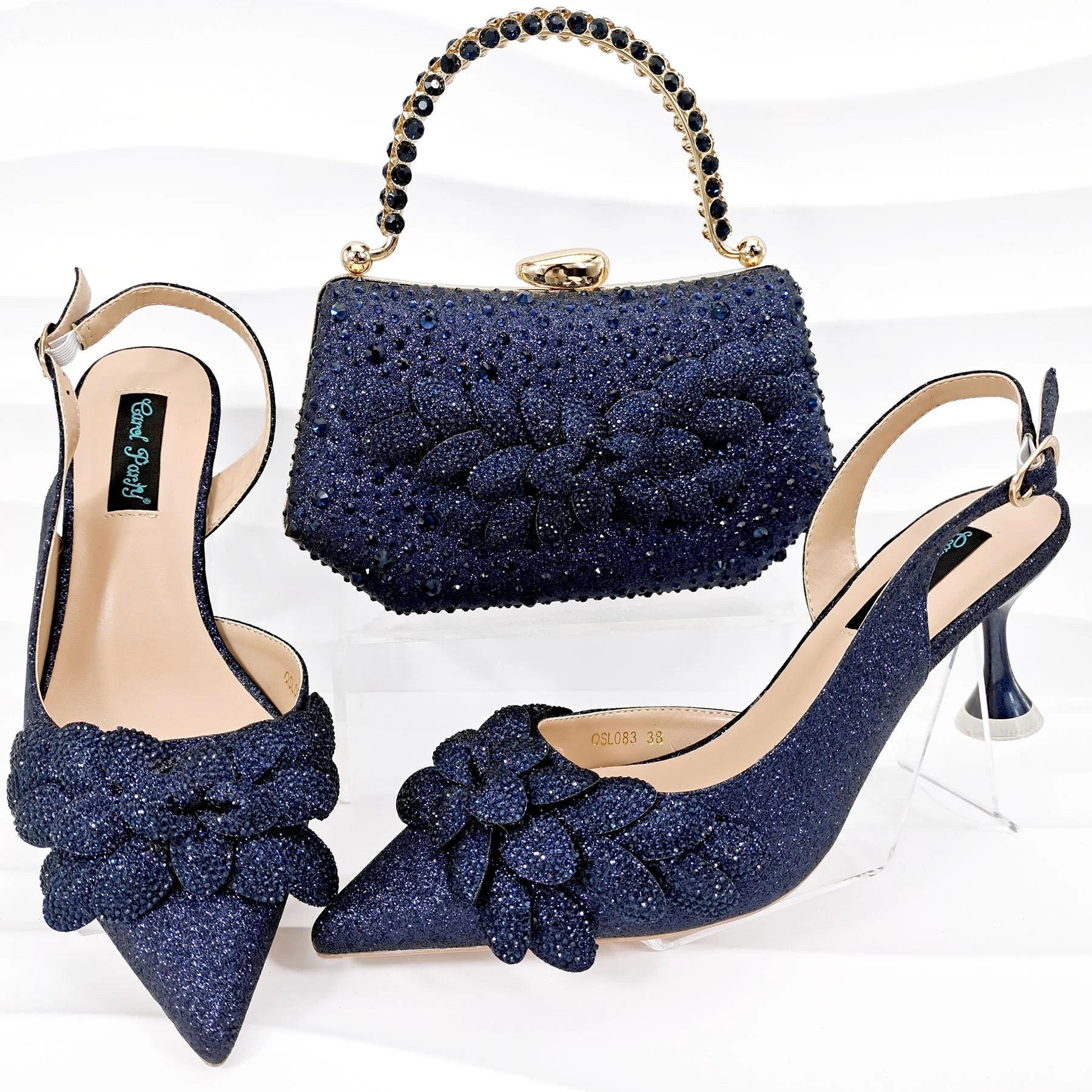 Handmade Garland Gag and Shoes Pointed Toe Pumps Crystal Handle Clutch