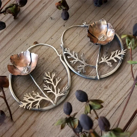 Ethnic Style Flower Hoop Dangle Silver Color Earrings